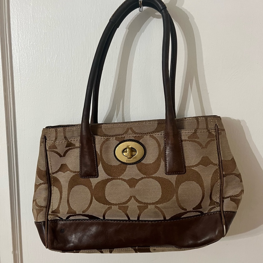 Coach A0873-11557 Brown Hand Bag Canvas With Coach logo Pink Inside and Pockets
